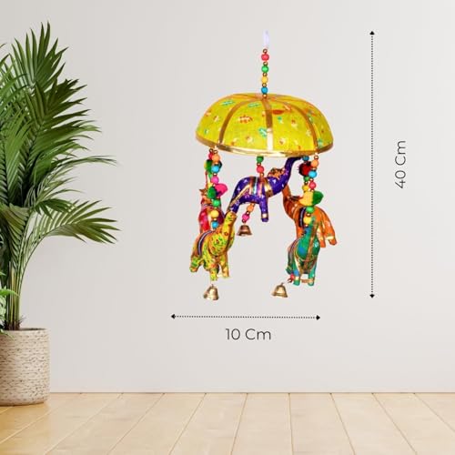 Image of Rajasthani Multicolor Elephants Jhoomer with Bell - Decorative Wind Chimes for Door & Wall Hanging, Ideal Home Decor & Gift Showpiece (Yellow)