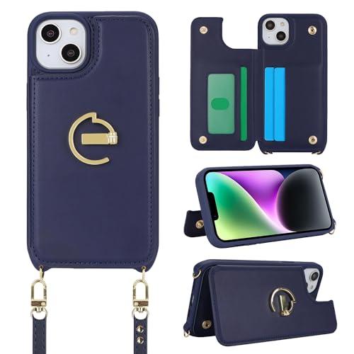 Havaya スマホショルダー iPhone13 ケース iphone14 ケース ショルダー リング付き レザー 肩掛け カード収納(アイフォン13 /あいふぉん13/いphone14/アイホン14 6.1インチ対応)-ブルー