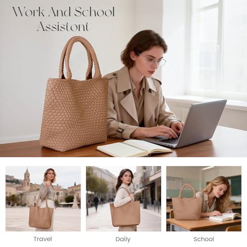 Bolso de hombro tejido de cuero beige grande miniatura 3