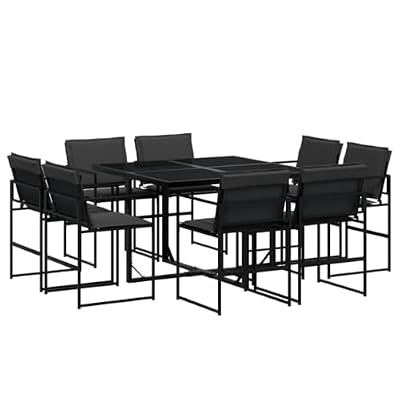 Kaorsrow 9 Piece Garden Dining Set, Black Patio Furniture with Rectangular Table and Foldable Textilene Chairs, Modern Outdoor Steel Dining Set for Backyard and Terrace