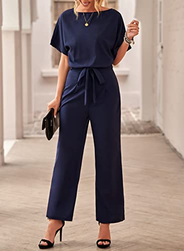 Yijiu Womens Crew Neck Short Sleeve Jumpsuits One-Piece Tie Waist Long Jumpsuits Casual Romper Outfits,Navy Blue,L #TOP4