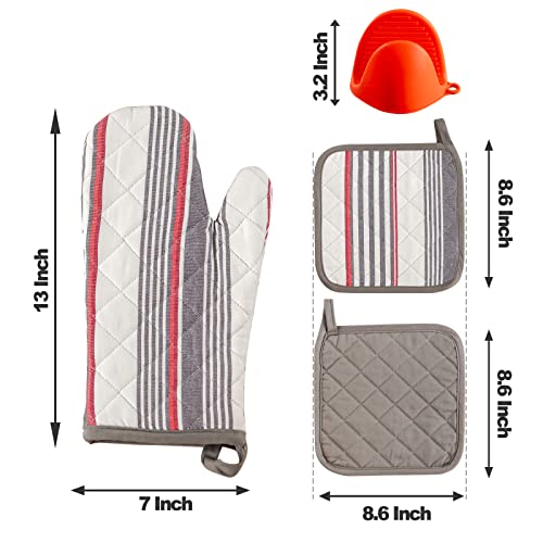 Quiltina Oven Mitts And Pot Holders And Potholders Mitts Super Value 6Pcs Set, Recycled Cotton High Heat Resistant 500 Degree Extra Long Oven Mitts For Kitchen Cooking And Baking, Red Striped #TOP5