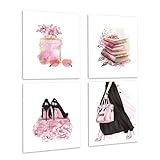 IDWHUIE 4 Pcs Pink Makeup Room Wall Decor, Fashion Perfume Flowers Handbag Poster Pictures Prints, Pink Fashion Posters Wall Art Decor For Girls Bedroom Beauty Room Salon, No Frame, 06