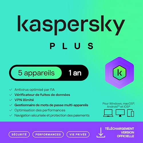 Kaspersky Plus Internet Security 2026 | 5 appareils | 1 an | Anti-Phishing et Pare-feu | VPN illimité | Gestionnaire de mots de passe | Protection bancaire| PC/Mac/Mobile | Code d'activation par email