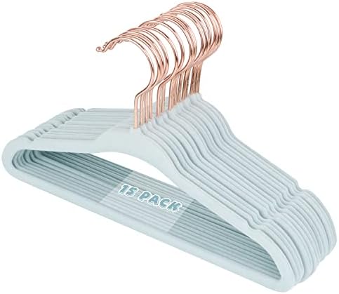 ManGotree Baby Velvet Hangers with Rose Gold Hook, Infant and Toddler Hangers, 28cm No-Slip Children Hangers, Ultra Thin Space Saving, Sturdy & Durable Kids Clothes Hangers 15 Pack(Blue)