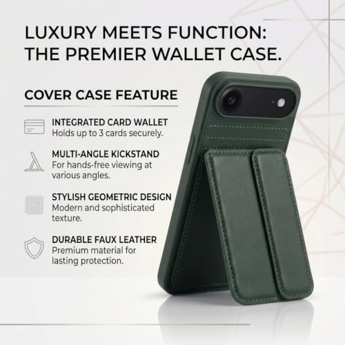 Image of amazon basics Luxury Vegan Leather Back Cover for iPhone 17 Air | Built-in Card Holder Slot | Integrated Mobile Stand | Slim Shockproof Protective Case with Stitched Finish - Green