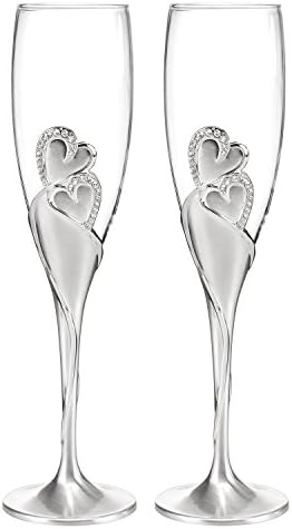 Wedding Toasting Flutes, Sparkling Love Design, Champagne Flutes for Bride and Groom, Set of 2, Silver