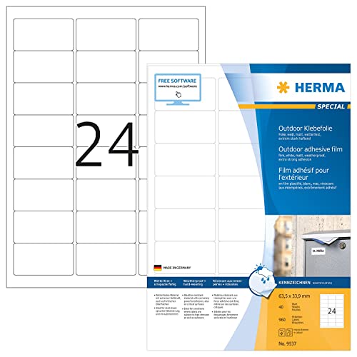 HERMA 9537 Odporne na warunki atmosferyczne etykiety foliowe, 560 arkuszy, 63,5 x 33,9 mm, 24 arkusze A4, 13440 sztuk, samoprzylepne, do zadrukowania, matowe, nieprzezroczyste etykiety samoprzylepne z