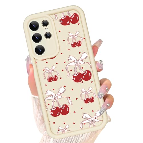 xoniery Compatible with Samsung Galaxy S26 Ultra Case, Cute Cherry Bow Silicone, Senior Shockproof Protection and Anti-Scratch for Soft Slim White Phone Cover for Women Girls-Red Cherry