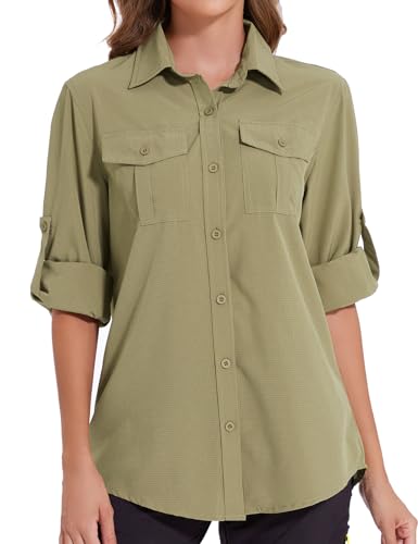 Tuopuda Blusa de Manga Larga para Mujer con Cuello en V Suelta Camisa de Secado Rápido con Bolsillos,UPF 50+Protección UV Informal Top Deportivo para Safari,Camping,Viajes(Verde,L)