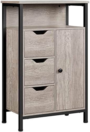Yaheetech Industrial Bathroom Floor Cabinet, Freestanding Wooden Organizer, Multiple Tiers Storage Cabinet with 3 Drawers, 1 Door & Adjustable Shelf for Living Room, Gray