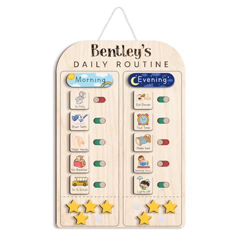 TinyKidz Large Daily Routine for Toddlers 11x16", Kids Daily Routine with Stars, Daily Responsibility Chart for Boys Girls, Wooden Routine Chart for Kids (08)
