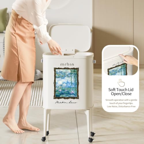 Image of MRBIN Metal Kitchen Trash Can with Wheel Legs, 36L / 9.5gal Medium Press Lid Slim Removable Waste Basket, Pet Proof Tall Narrow Garbage Pail for Vanity, Bedroom, Bathroom, Living Room, Water Lily