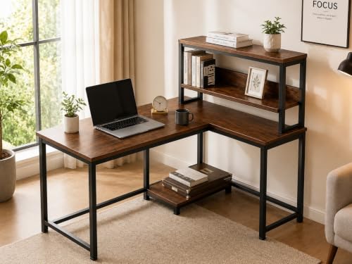 Image of Reversible L Shaped Computer Table with Storage Shelves | Rustic Brown Wooden Study Desk with Black Matte Metal Frame | Home Office Workstation | Writing Desk for Laptop & PC| 130x50x150 cm