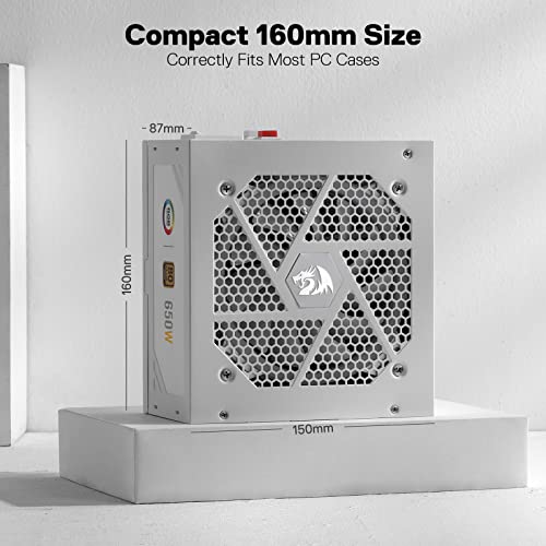 Image of Redragon RGPS-650W 80+ Gold 650 Watt ATX Fully Modular Power Supply w / 80 Plus Gold Certified, Compact 160mm Size and Low Noise RGB Fan 0 RPM, 100% Japanese Capacitors, Full Mod Cables, White