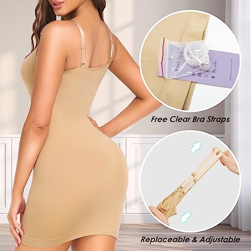 Anygirl Womens Shaperwear Slips For Under Dresses Tummy Control Shapewear Full Slip Dress Seamless Body Shaper Under Dress Beige #TOP2