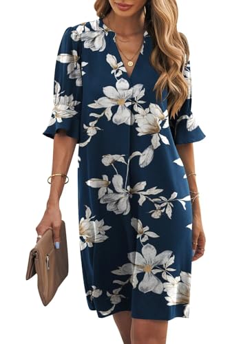 Wkior Womens Summer Ruffle Sleeve V Neck Shift Dress,Blue Flowers,L