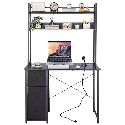 Aquzee Computer Desk with Drawers, 40 Inch Desk with Hutch, Computer Desk with Storage, Power Outlets & Bookshelves, Small Desk for Bedroom Living Room Home Office, Black