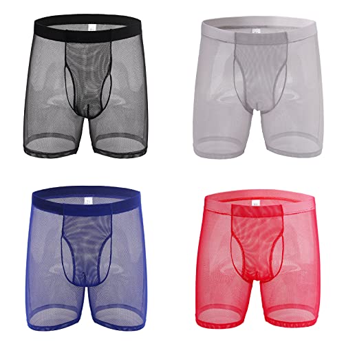 Evankin Mens Sexy Boxer Briefs Long Leg Breathable Underwear Mesh Trunks See Through Lingerie Open Fly(Black/Red/Grey/RoyalBlue, XXL)