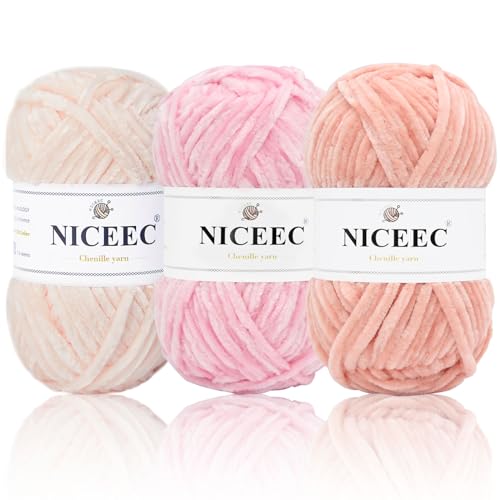 NICEEC 3 Skeins Soft Chenille Yarn 3 x85m (3X 93yds, 3X 50g)_Pink Series