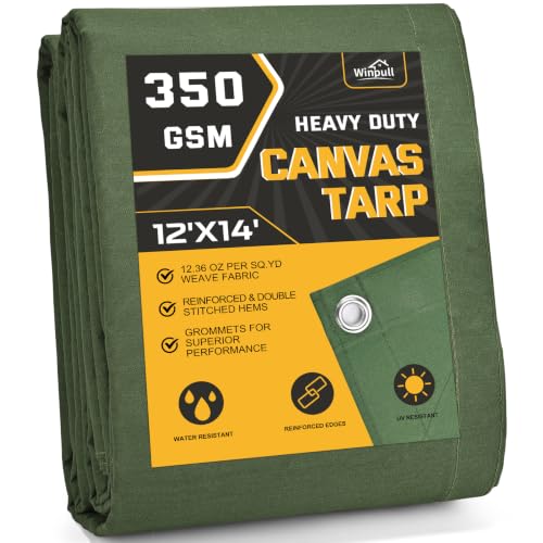 Winpull Heavy Duty Canvas Tarp 12x14 ft, 12oz (350 GSM) Polyester Canvas Water-Resistant Tarp with Rustproof Grommets, Tear-Resistant Outdoor Cover for Wood Piles, Camping, Trailer & Equipment