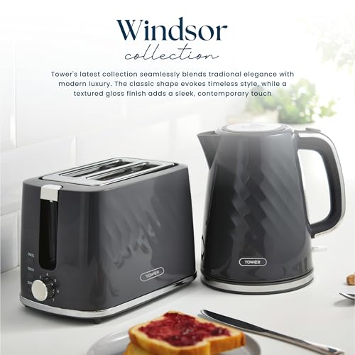 Image of Tower Premium Windsor Electric Kettle 1.7L, 1350W | Strix Controller, Rapid Boil in 45 Seconds, Auto Shut-Off, Boil-Dry Protection, 360 Power Base, Water Level Indicator, 2.5 Year Warranty (Grey)