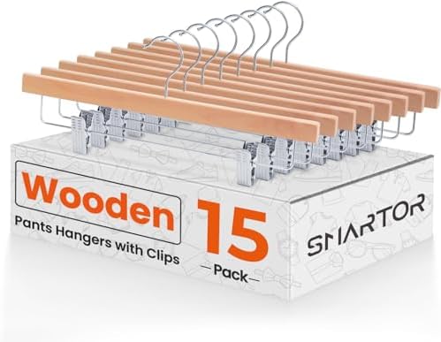 24 Pack Wooden Pants Hangers With Adjustable Clips - Natural Wood, Anti-Rust Hook, For Jeans, Skirts, Slacks