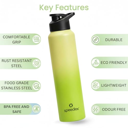 Image of Speedex Stainless Steel Water Bottle 1 Ltr, Leak Proof Sipper Cap, BIS Approved 1000 ml Metal Bottle For Daily, Office, School, Gym, Travel Use for Men, Women, Kids, Adults, Lime Green, Set of 4