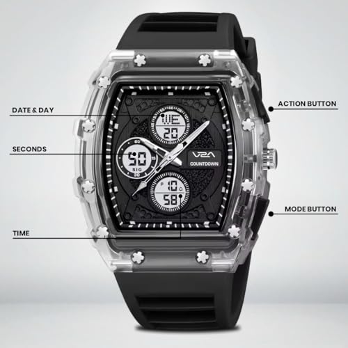 Image of V2A Impact-TERRAX 3105 Analog-Digital Watch for Men | Bold Tonneau Design with Multi-Display Dial | 50M Waterproof Sports Watch | Countdown, Alarm & Stopwatch