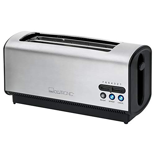 Clatronic TA 3687 4 Scheiben-Langschlitztoaster, Auftau-/Aufwärm-/Schnellstoppfunktion, Stufenlos einstellbarer Bräunungsgrad, Zentrierungsfunktion, Edelstahlgehäuse, Schwarz/Edelstahl