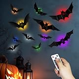 SoulBay 48pcs Halloween Decor Bats Wall Stickers - 12pcs Small LED Tea Lights with Remote Timer, 10 Sizes 3D Lighted Realistic Thickened PET Bat Sticker for Indoor Home Window Party Supplies