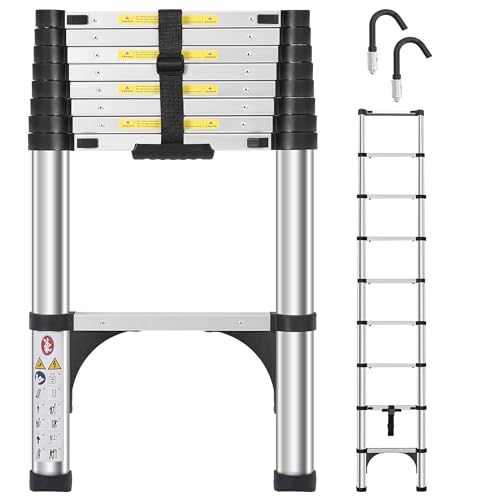 DEZEX Telescoping Ladders 8.5 FT Aluminum Ladder - One-Button Retraction Collapsible Telescopic Ladder for Home,RV,Attic & Loft, Lasts 330 LBS with 2 Triangle Stabilizers and 2 Detachable Hooks
