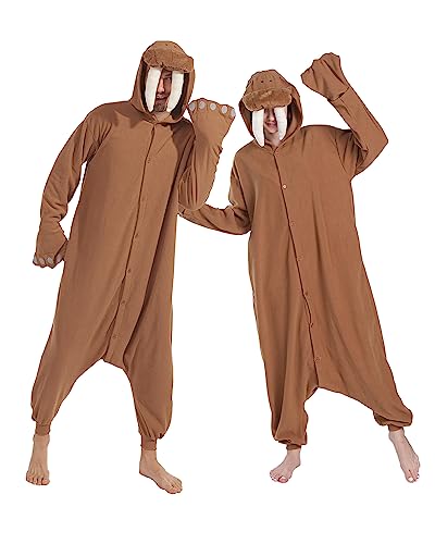 Dodheah Unisex Pijama Morsa Pijama de Adulto Halloween Animal Cosplay Disfraz Navidad Mono de Una Pieza Ropa de Dormir Marrón XL