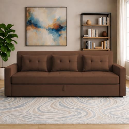 Image of Casaliving Treshta 3 Seater Pull-Out Premium Fabric Sofa Cum Bed Sofa Set for Living Room (Brown Fabric Color) Premium Fabric Sofa Set for Living Room Sofa Cum Bed