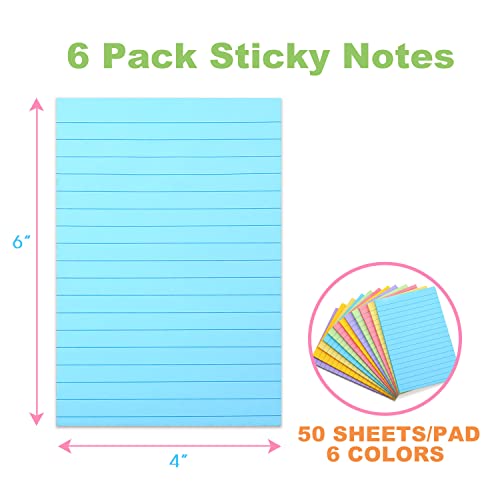 4×6 Sticky Notes - Lined Sticky Notes 4 x 6 inch, 6 Pads/Pack, Sticky Note Pads, Strong Sticking Power, 6 Unique Sticky Notes with Line, Vertical Sticky Note Pack, Easy to Post for Notebook