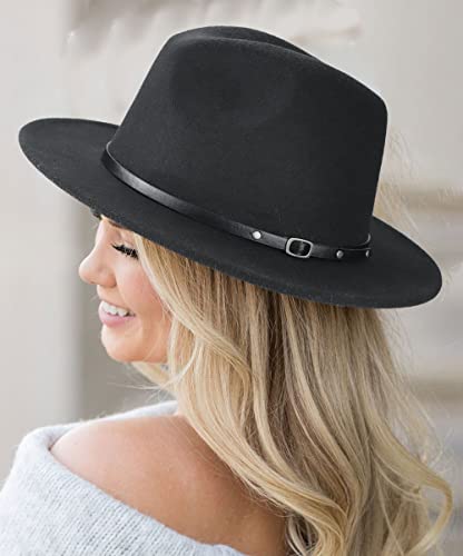 Utowo Classic Black-Felt-Fedora-Hats-For-Women, Wide-Brim-Wool-Rancher-Panama Jazz Hat With Belt-Buckle #TOP3