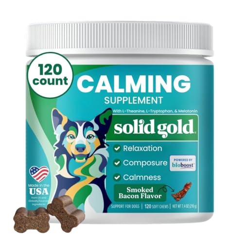 Solid Gold Calming Chews for Dogs - Dog Calming Chews w/Melatonin for Separation, Stress & Hyperactivity Relief - Supports Relaxation for Travel, Fireworks & Storms - All Ages & Sizes - Bacon 120ct