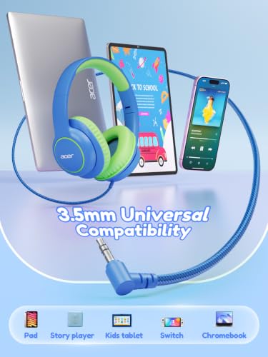 Image of Acer OHW328 Kids Headphones Wired for School - Over Ear Design | 85 /94dB Safe Volume, 3.5mm Jack Foldable Headphones for Kids Boys Girls Classroom Yoto Player Chromebook Travel Blue Green