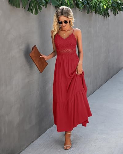 Image of Dokuritu Women's Beach Crochet Lace Maxi Dress Solid Color Summer Vacation Wedding Guest Spaghetti Strap Long Dress