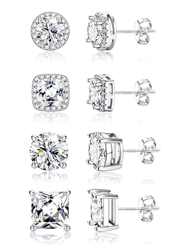 Hypoallergenic Stud Earrings for Women Men - 925 Sterling Silver Earrings for Sensitive Ears - 6/8/10mm Cubic Zirconia Earrings Studs-18K Gold Plated Simulated Diamond CZ Halo Earrings 2/4Pairs