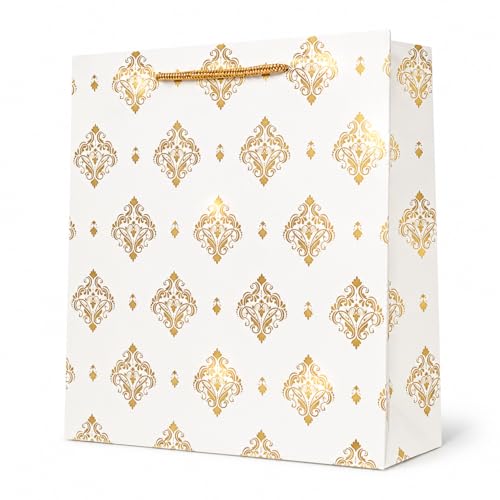 Image of Flora Paperbags |paper bags for Gifting | Medium Size Gift Bags 12 x 10 x 3.6 Inch | Premium Gold Printed Paper with Rope Handles | Wedding Return paper Bags, Birthday Gift Bags, Party Favors & Corporate Gifting | Pack of 10
