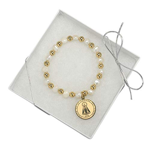 Virgen de la Caridad del Cobre Religious Catholic Bracelet with Stainless Steel Medal and Pearl Beads (SSBCOMPM-WG)4