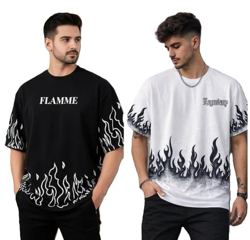Image of Trending Fashionable Men Tshirt Combo Pack of 2 Cotton Blend Printed Short Sleeve Casual Daily Use Stylish Tee Set