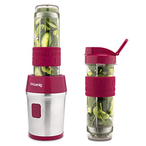 H.Koenig frambozenrood Mini-Blender/Smoothiemaker SMOO10, bpa-vrij, 300 W, 2 Flessen van 570ml met Reisdeksel - Afbeelding 3
