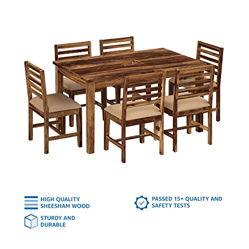 Image of Amazon Brand - Solimo Sheesham Wood Turlock 6 Seater Dining Table with Cushioned Chairs | Multipurpose Wooden Dining Set Furniture for Restaurants, Dining Room, Living Room, and Home (Natural Finish)