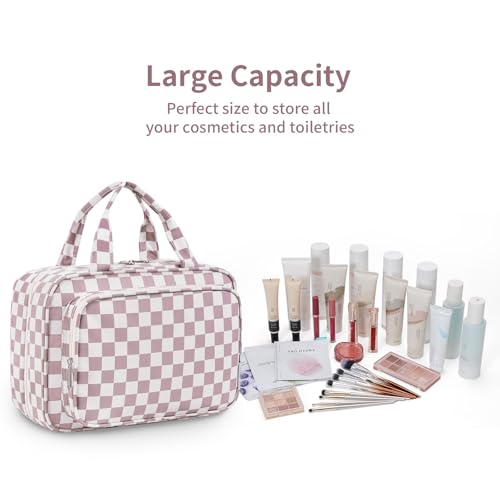 Image of Narwey Large Hanging Toiletry Bag Travel Makeup Bag Cosmetic Organizer for Women and Girls, Z-Dusty Rose Checkerboard, Large