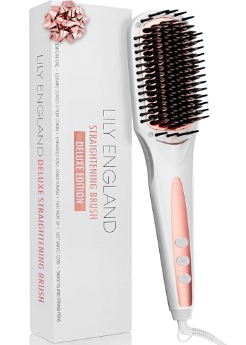 Ionic Hair Straightener Brush for Women, Fast Heating Ceramic & Anti-Scald Design, 80-230 DegreeC Adjustable Temperature - Hot Straightening Brush for Hair Styling by Lily England Rose Gold