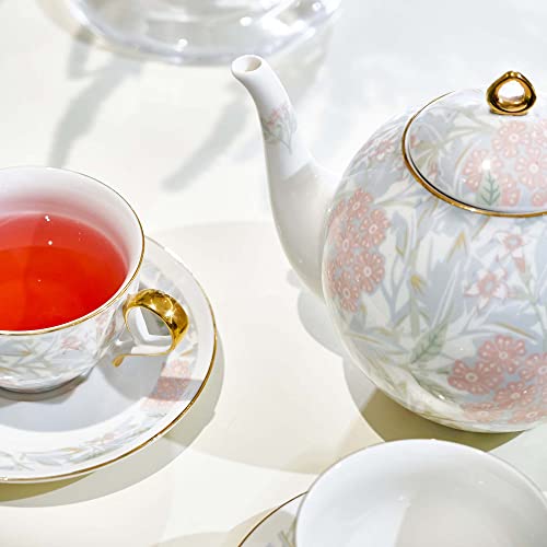 Taimei Teatime Porcelain Tea Set, European Teapot Set With 1 Teapot With Infuser (37 Oz), 4 Tea Cups And Saucers, Tea Set For Woman With Lily Floral Pattern, Tea Gift Set For Tea Lover And Woman #TOP3