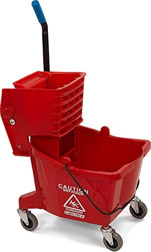 Carlisle FoodService Products Plastic Commercial Mop Bucket with Side-Press Wringer, 26 Quarts, Red