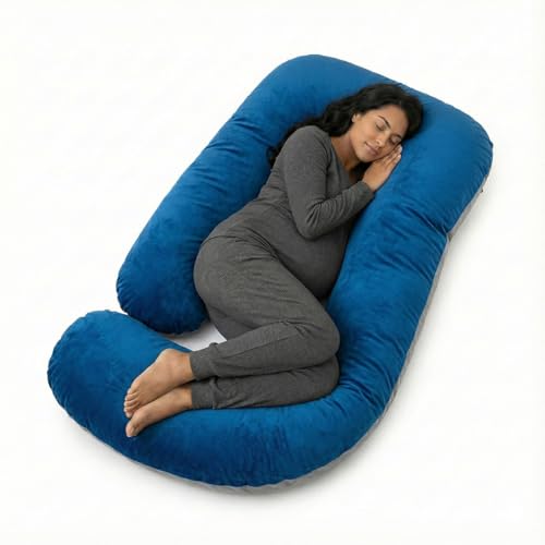 Image of Amazon Basics Velvet Full Body Pregnancy Pillow for Maternity,Baby Nursing,Full Body Support|Perfect Baby Shower Gift|J-Shaped-Washable Cover with Zip-Blue & Grey